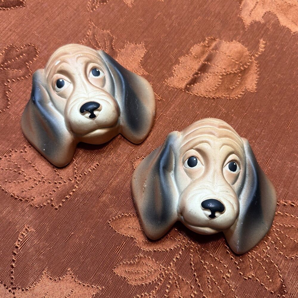 Hound Dog Pair Chalkware Wall Hanging Plaque Retro Brown Miller Studio 4.25in